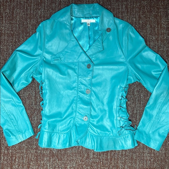 Cache Luxe Turquoise lambskin leather jacket girly western ruffle feminine tie M